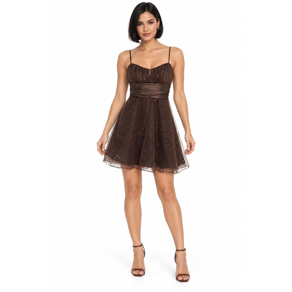 Y2K Brown Glitter Mesh Mini Dress M Spaghetti Strap Ruched Satin Formal Party